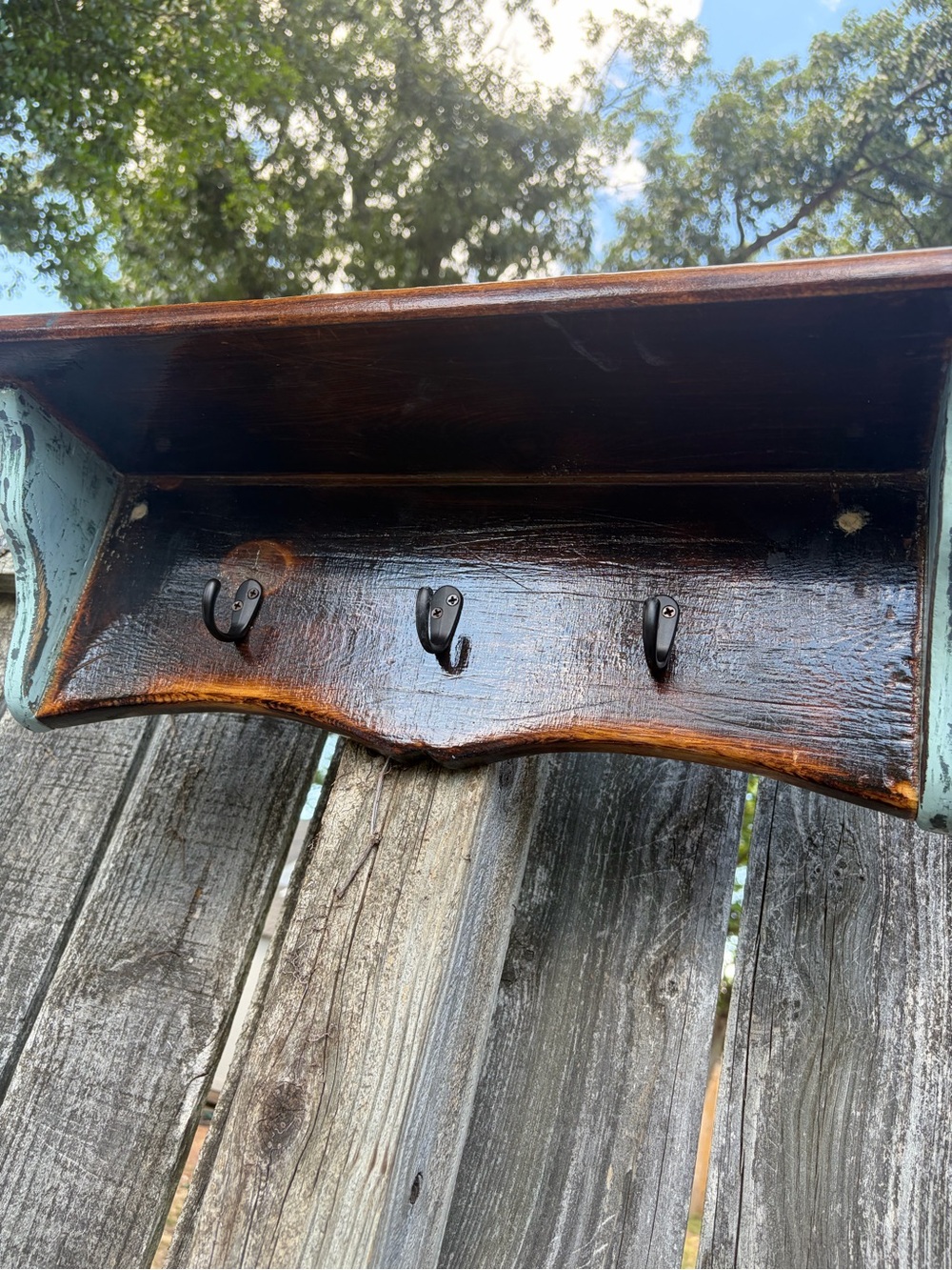 Handcrafted Rustic Reclaimed Heartwood Pine Wall Shelf with Hooks Distressed - Picture 4 of 8